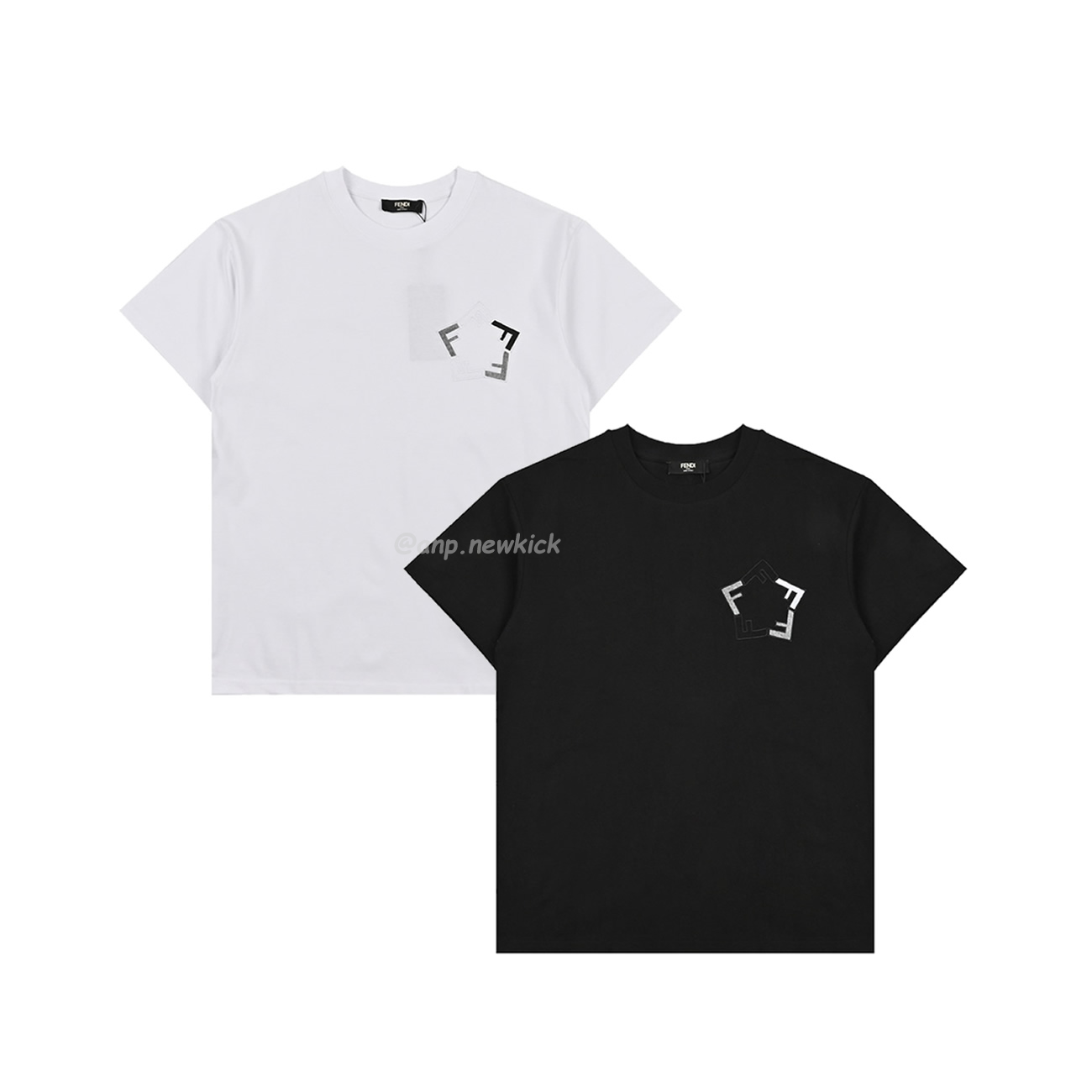 Fendi Pentagonal F Embroidered Flocked Round Neck Short Sleeved T Shirt (1) - www.newkick.vip